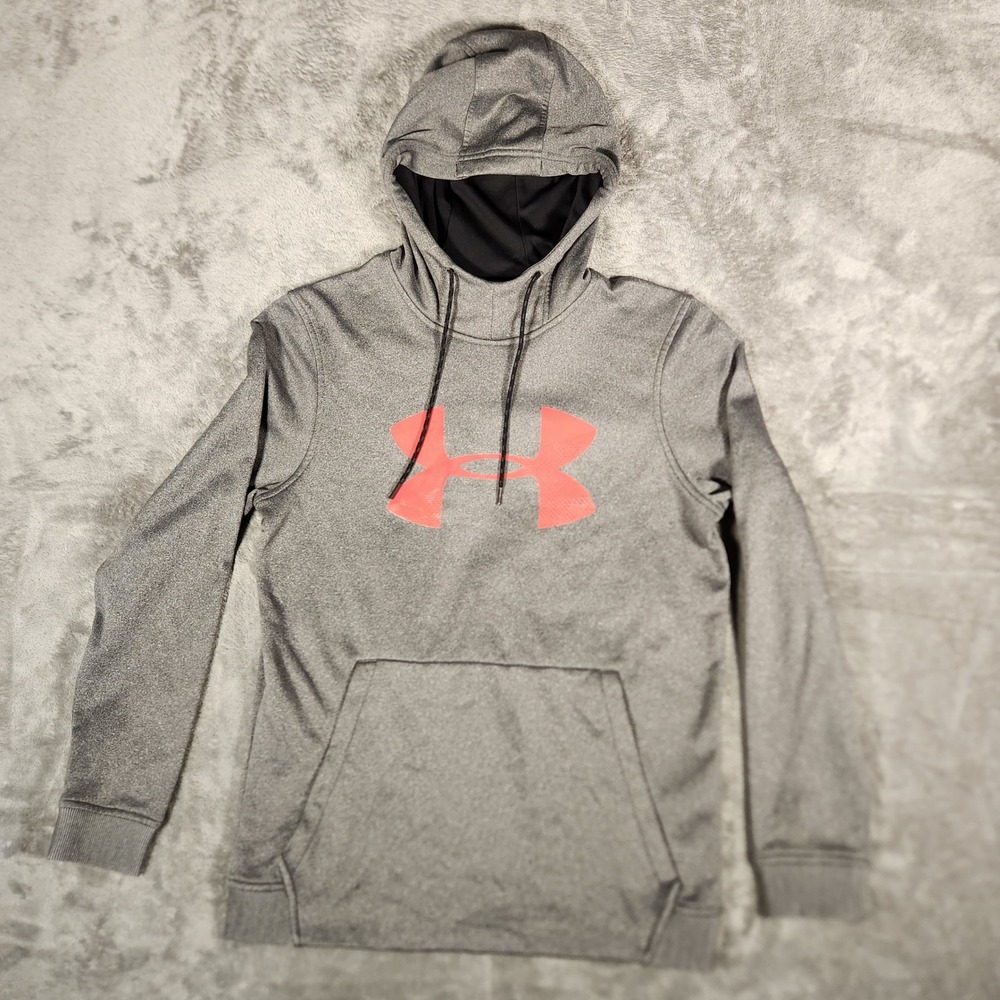 Under Armour Hoodie Mens Small Gray Excellent ColdGear Big Logo Pullover 1345321